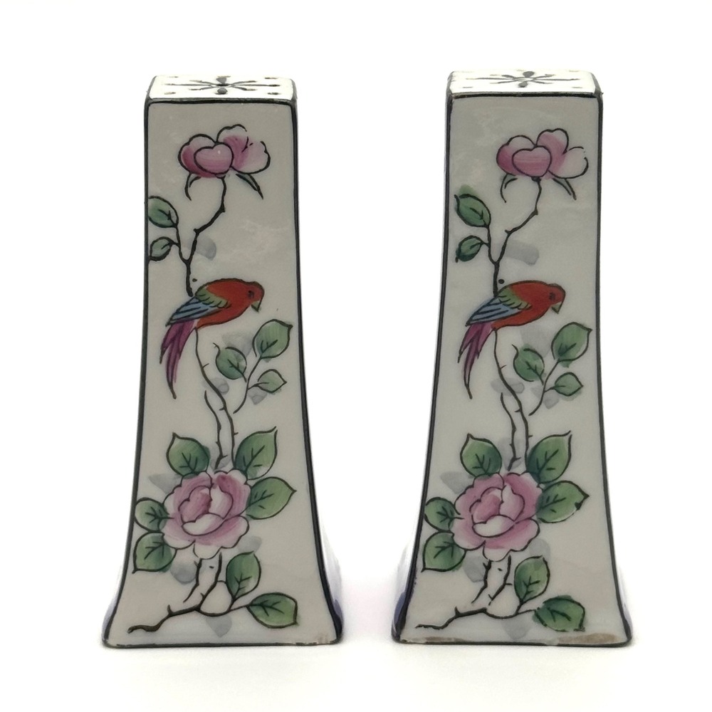 Hand Painted Parrot Salt and Pepper Shakers Vintage Floral Japan